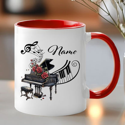 Personalized "Grand Piano & Red Roses" Ceramic Coffee Mug – Custom Name Musical Instrument, Pianist Gift & Elegant Music Novelty Cup (M1199)