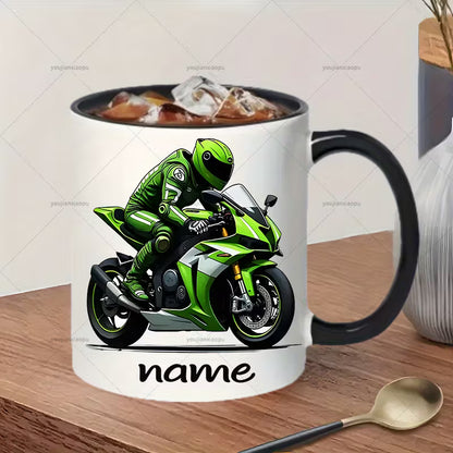 Personalized "Green Superbike" Motorcycle Ceramic Coffee Mug – Custom Name Racing Bike Novelty Cup with Black Accent (M1097)