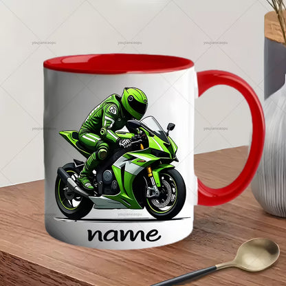 Personalized "Green Superbike" Motorcycle Ceramic Coffee Mug – Custom Name Racing Bike Novelty Cup with Black Accent (M1097)