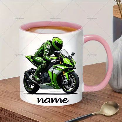 Personalized "Green Superbike" Motorcycle Ceramic Coffee Mug – Custom Name Racing Bike Novelty Cup with Black Accent (M1097)