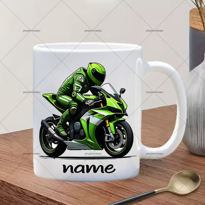 Personalized "Green Superbike" Motorcycle Ceramic Coffee Mug – Custom Name Racing Bike Novelty Cup with Black Accent (M1097)