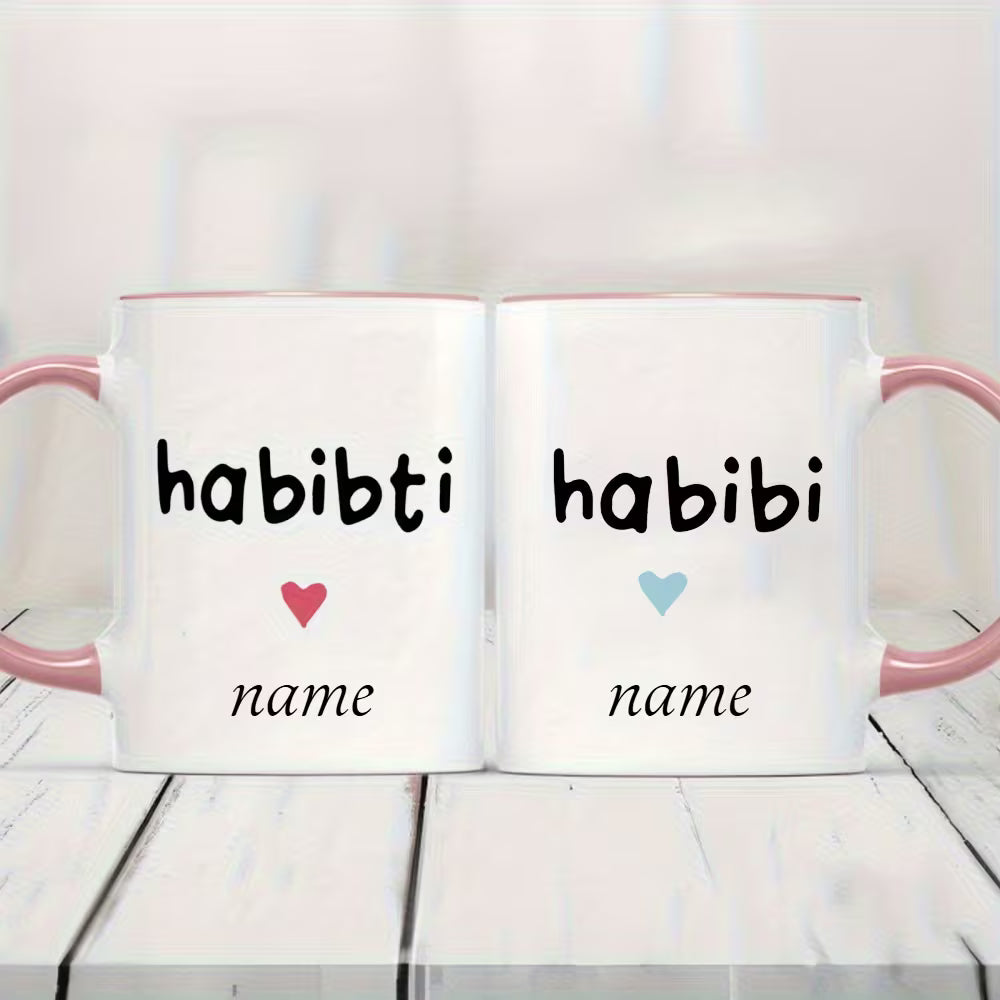 Personalized "Habibi & Habibti" Couple Ceramic Coffee Mugs – Custom Name Arabic Terms of Endearment & Romantic Novelty Cup Set (M1133)