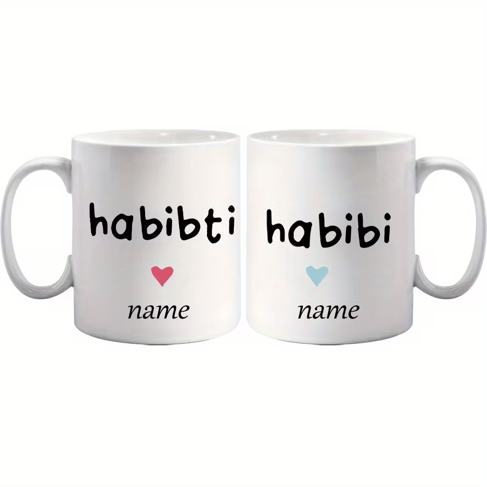 Personalized "Habibi & Habibti" Couple Ceramic Coffee Mugs – Custom Name Arabic Terms of Endearment & Romantic Novelty Cup Set (M1133)