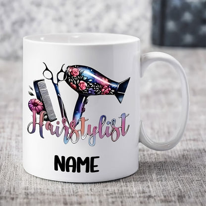 Personalized "Hairstylist Floral & Tools" Ceramic Coffee Mug – Custom Name Beauty Salon, Hairdresser Gift & Stylist Novelty Cup (M1196)