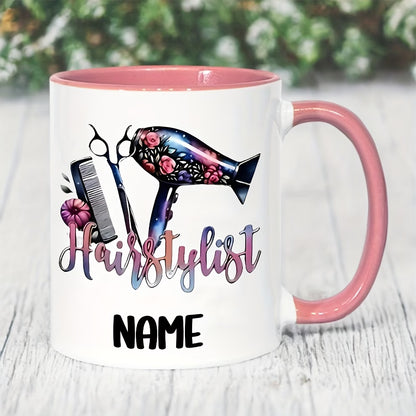 Personalized "Hairstylist Floral & Tools" Ceramic Coffee Mug – Custom Name Beauty Salon, Hairdresser Gift & Stylist Novelty Cup (M1196)