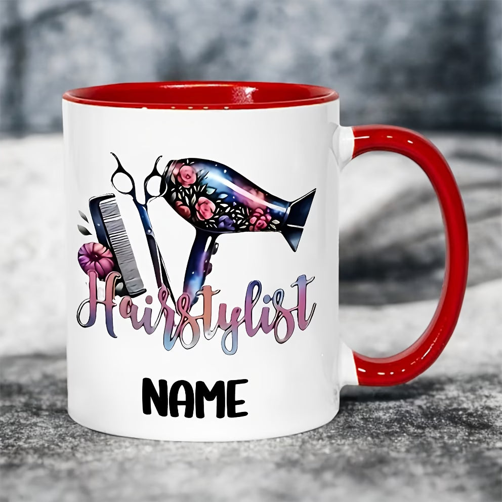 Personalized "Hairstylist Floral & Tools" Ceramic Coffee Mug – Custom Name Beauty Salon, Hairdresser Gift & Stylist Novelty Cup (M1196)