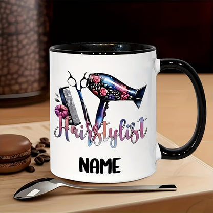 Personalized "Hairstylist Floral & Tools" Ceramic Coffee Mug – Custom Name Beauty Salon, Hairdresser Gift & Stylist Novelty Cup (M1196)