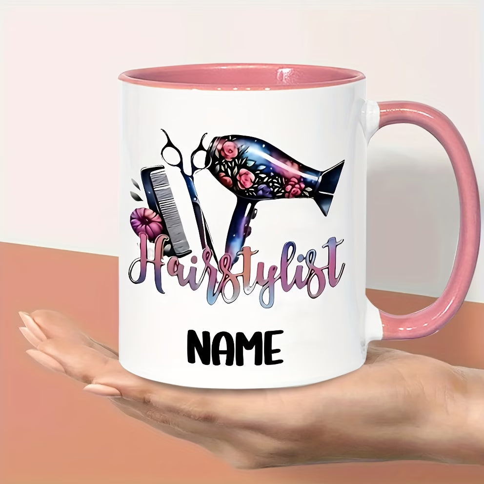 Personalized "Hairstylist Floral & Tools" Ceramic Coffee Mug – Custom Name Beauty Salon, Hairdresser Gift & Stylist Novelty Cup (M1196)
