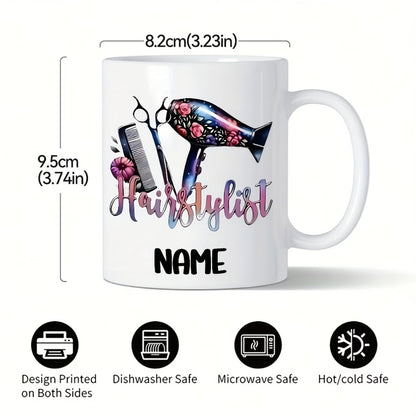 Personalized "Hairstylist Floral & Tools" Ceramic Coffee Mug – Custom Name Beauty Salon, Hairdresser Gift & Stylist Novelty Cup (M1196)