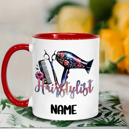 Personalized "Hairstylist Floral & Tools" Ceramic Coffee Mug – Custom Name Beauty Salon, Hairdresser Gift & Stylist Novelty Cup (M1196)