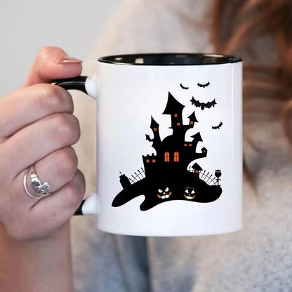 Spooky Halloween Haunted Castle Ceramic Coffee Mug – Black Rim & Handle Autumn Spooky Season Cup (M1024)