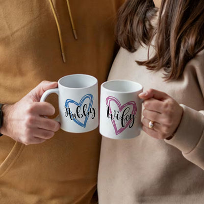 "Hubby & Wifey" Matching Couple Coffee Mugs Set of 2 – Love Heart Ceramic Tea Cups 11oz (M1012)