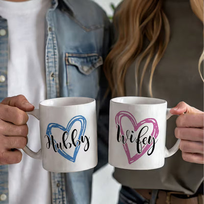 "Hubby & Wifey" Matching Couple Coffee Mugs Set of 2 – Love Heart Ceramic Tea Cups 11oz (M1012)