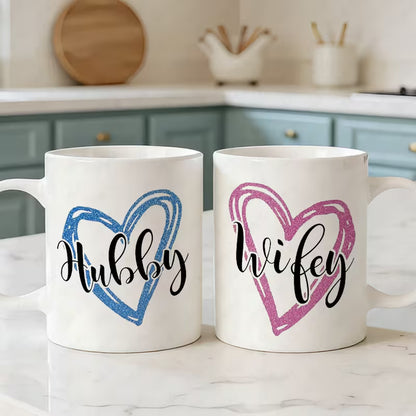 "Hubby & Wifey" Matching Couple Coffee Mugs Set of 2 – Love Heart Ceramic Tea Cups 11oz (M1012)