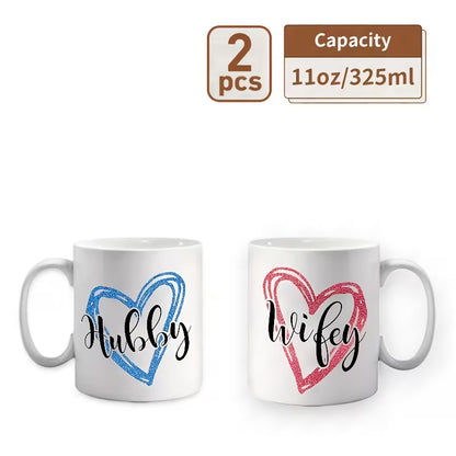 "Hubby & Wifey" Matching Couple Coffee Mugs Set of 2 – Love Heart Ceramic Tea Cups 11oz (M1012)