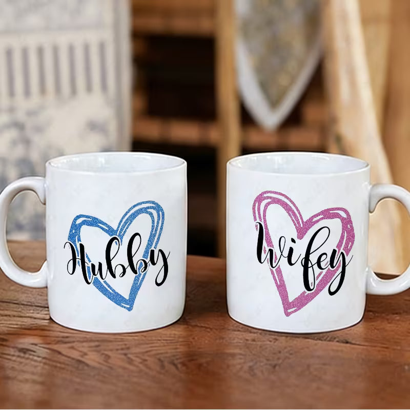 "Hubby & Wifey" Matching Couple Coffee Mugs Set of 2 – Love Heart Ceramic Tea Cups 11oz (M1012)