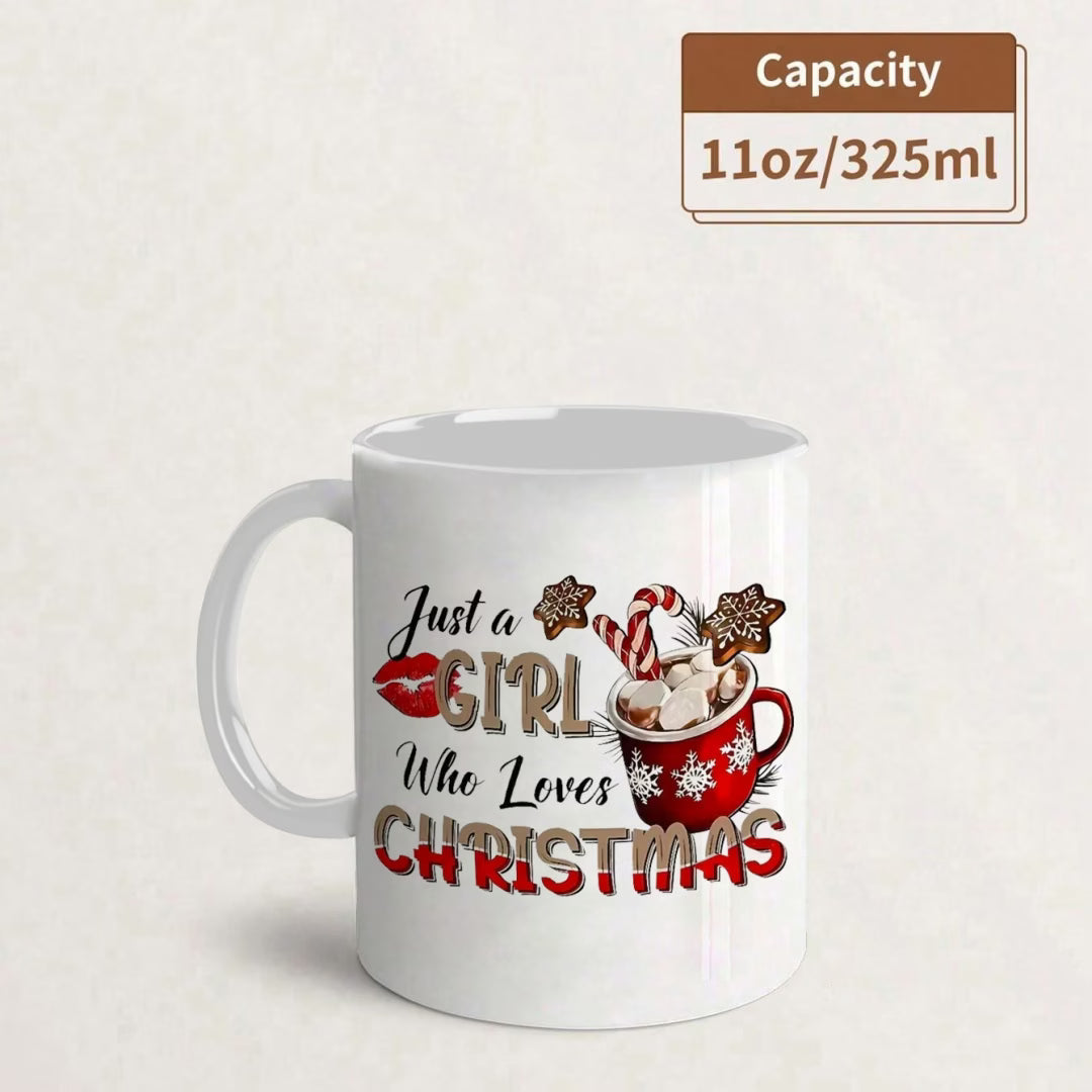 Festive "Just a Girl Who Loves Christmas" Ceramic Coffee Mug – Holiday Hot Cocoa & Winter Novelty Cup (M1144)