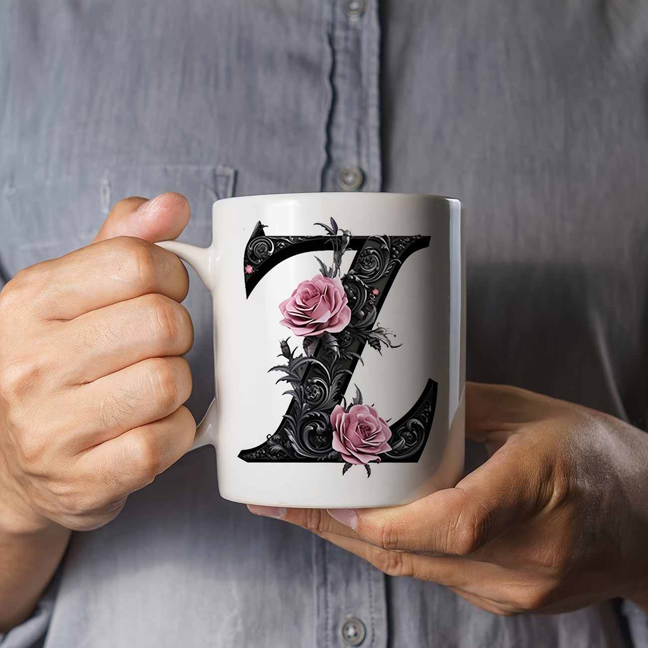 Personalized "Black Letter Floral Initial" Ceramic Coffee Mug – Custom Letter A-Z Pink Roses & Vintage Monogram Novelty Cup (M1141)