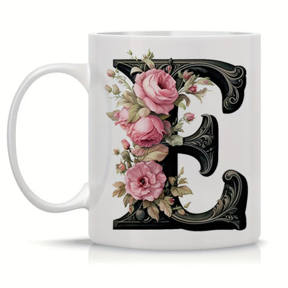 Personalized "Black Letter Floral Initial" Ceramic Coffee Mug – Custom Letter A-Z Pink Roses & Vintage Monogram Novelty Cup (M1141)