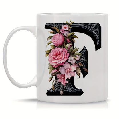 Personalized "Black Letter Floral Initial" Ceramic Coffee Mug – Custom Letter A-Z Pink Roses & Vintage Monogram Novelty Cup (M1141)