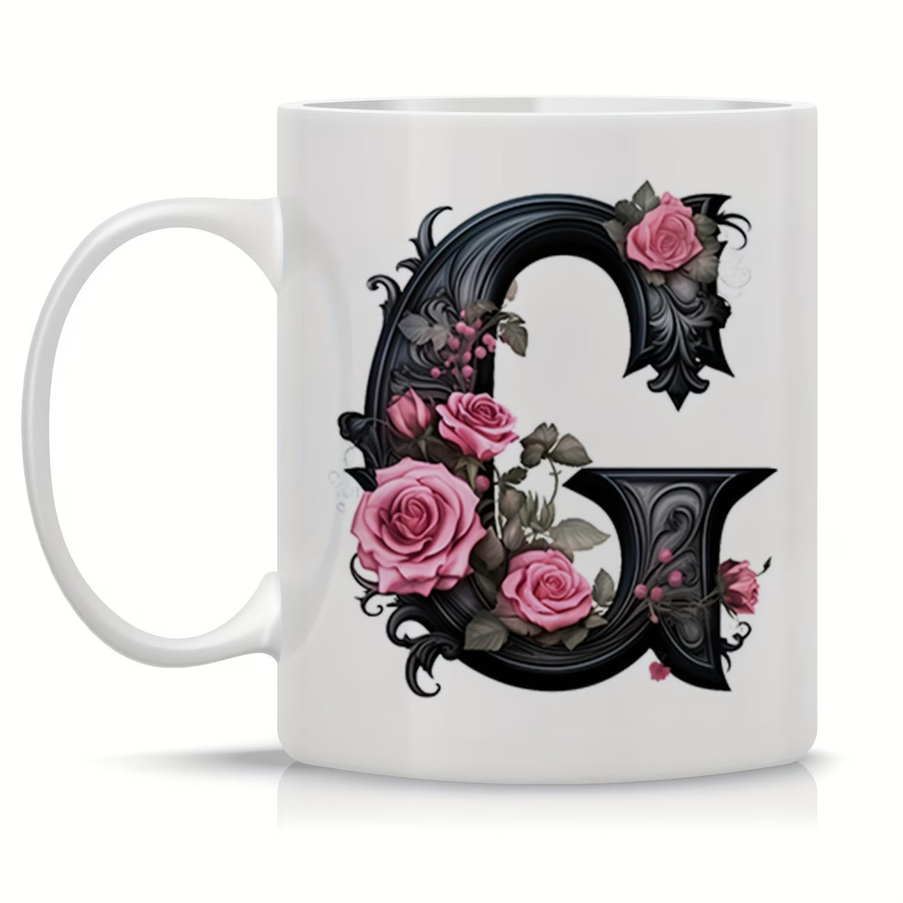 Personalized "Black Letter Floral Initial" Ceramic Coffee Mug – Custom Letter A-Z Pink Roses & Vintage Monogram Novelty Cup (M1141)