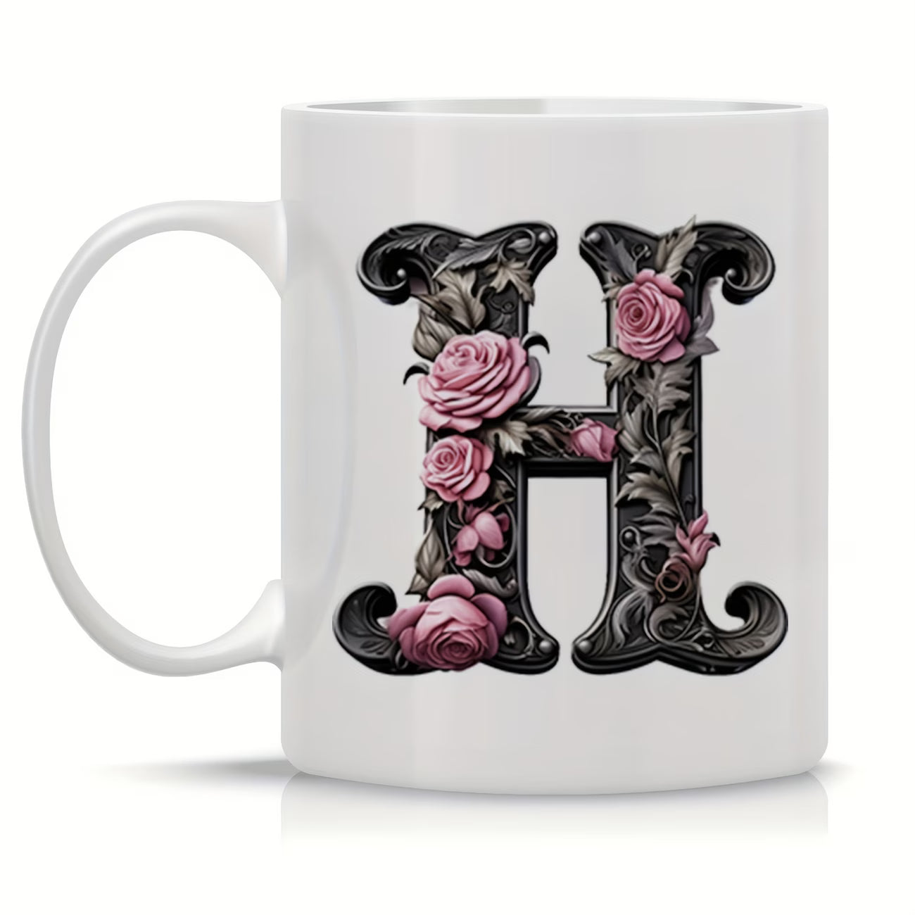 Personalized "Black Letter Floral Initial" Ceramic Coffee Mug – Custom Letter A-Z Pink Roses & Vintage Monogram Novelty Cup (M1141)