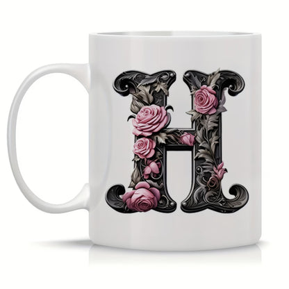 Personalized "Black Letter Floral Initial" Ceramic Coffee Mug – Custom Letter A-Z Pink Roses & Vintage Monogram Novelty Cup (M1141)