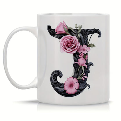 Personalized "Black Letter Floral Initial" Ceramic Coffee Mug – Custom Letter A-Z Pink Roses & Vintage Monogram Novelty Cup (M1141)
