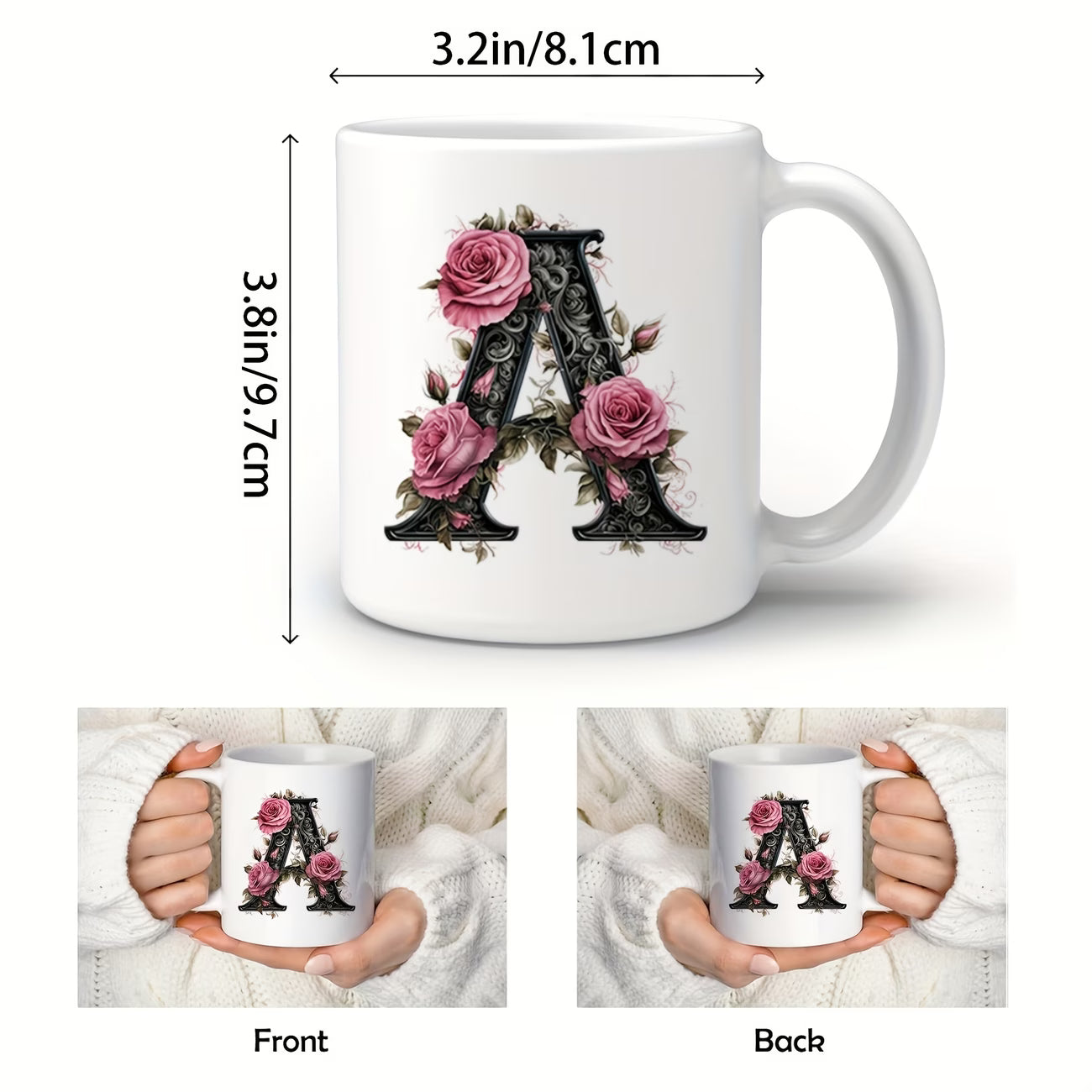Personalized "Black Letter Floral Initial" Ceramic Coffee Mug – Custom Letter A-Z Pink Roses & Vintage Monogram Novelty Cup (M1141)