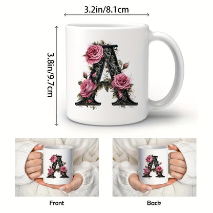 Personalized "Black Letter Floral Initial" Ceramic Coffee Mug – Custom Letter A-Z Pink Roses & Vintage Monogram Novelty Cup (M1141)