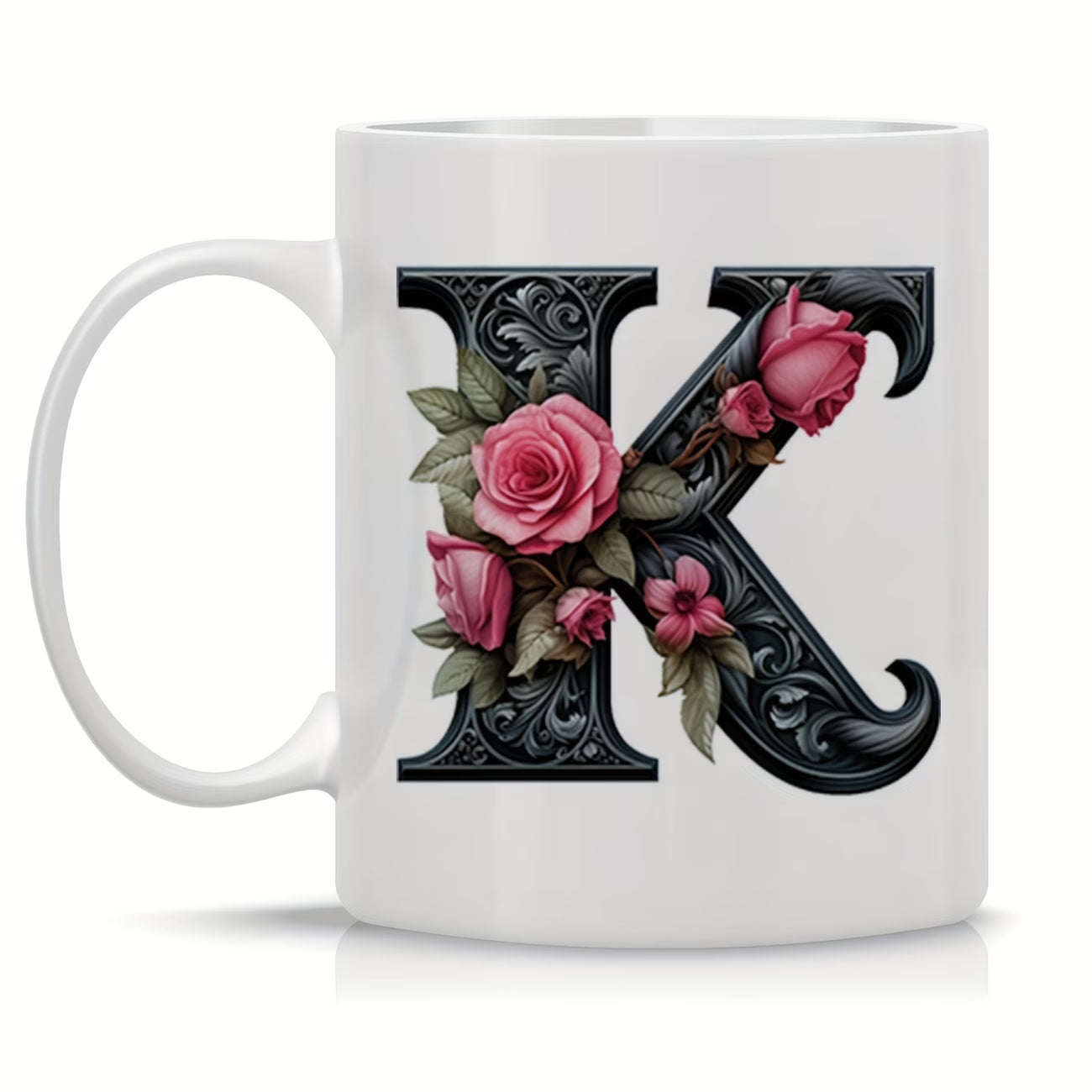 Personalized "Black Letter Floral Initial" Ceramic Coffee Mug – Custom Letter A-Z Pink Roses & Vintage Monogram Novelty Cup (M1141)