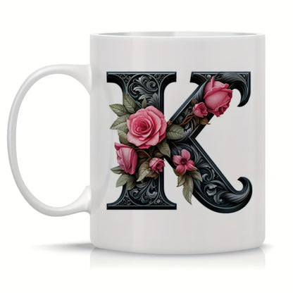 Personalized "Black Letter Floral Initial" Ceramic Coffee Mug – Custom Letter A-Z Pink Roses & Vintage Monogram Novelty Cup (M1141)