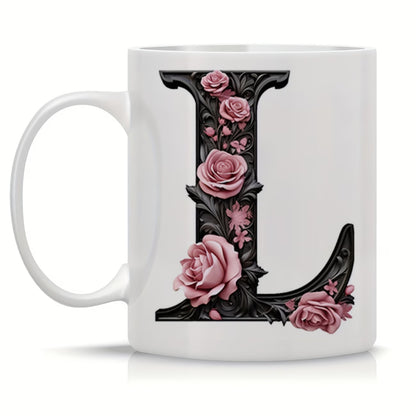 Personalized "Black Letter Floral Initial" Ceramic Coffee Mug – Custom Letter A-Z Pink Roses & Vintage Monogram Novelty Cup (M1141)