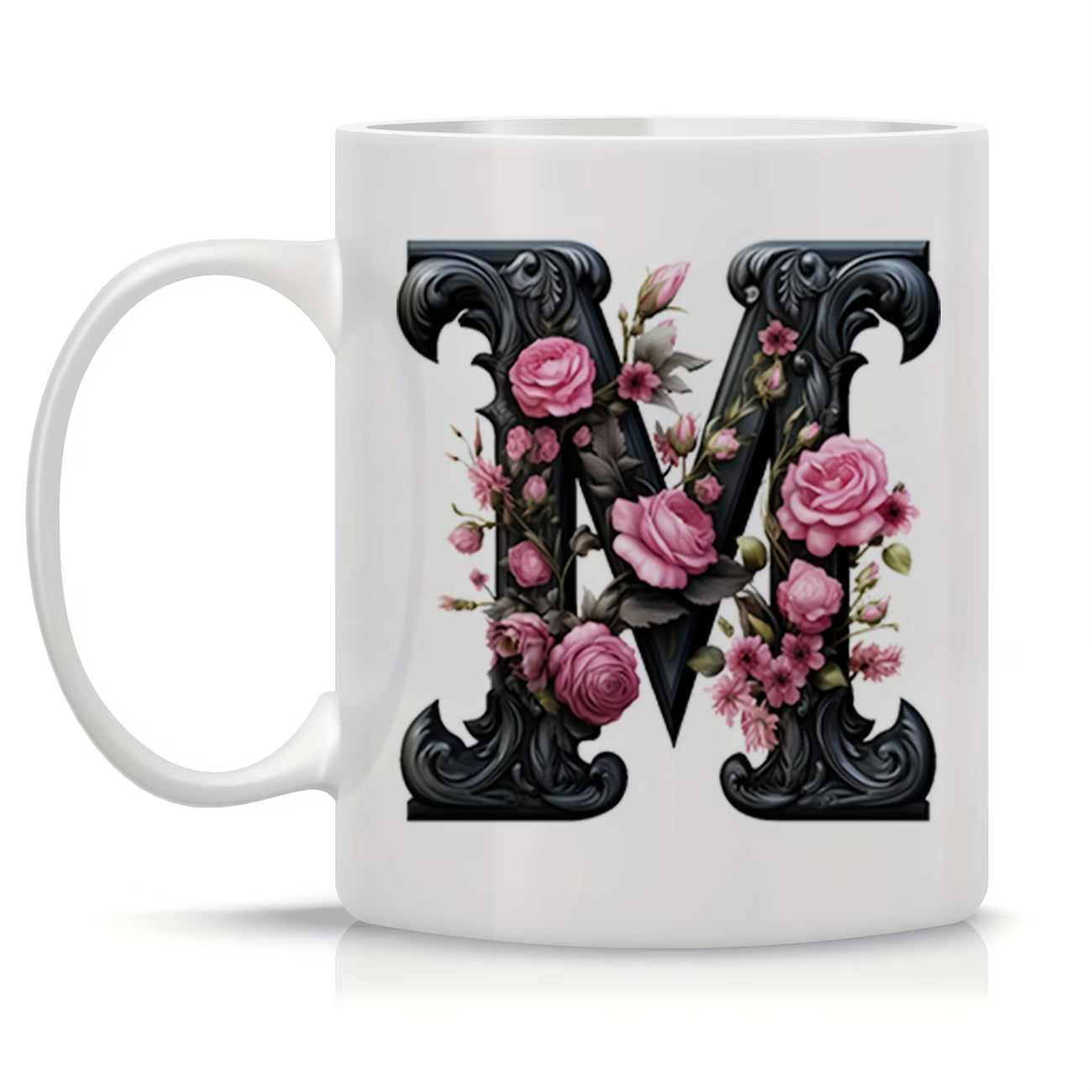 Personalized "Black Letter Floral Initial" Ceramic Coffee Mug – Custom Letter A-Z Pink Roses & Vintage Monogram Novelty Cup (M1141)