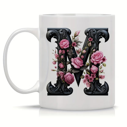 Personalized "Black Letter Floral Initial" Ceramic Coffee Mug – Custom Letter A-Z Pink Roses & Vintage Monogram Novelty Cup (M1141)