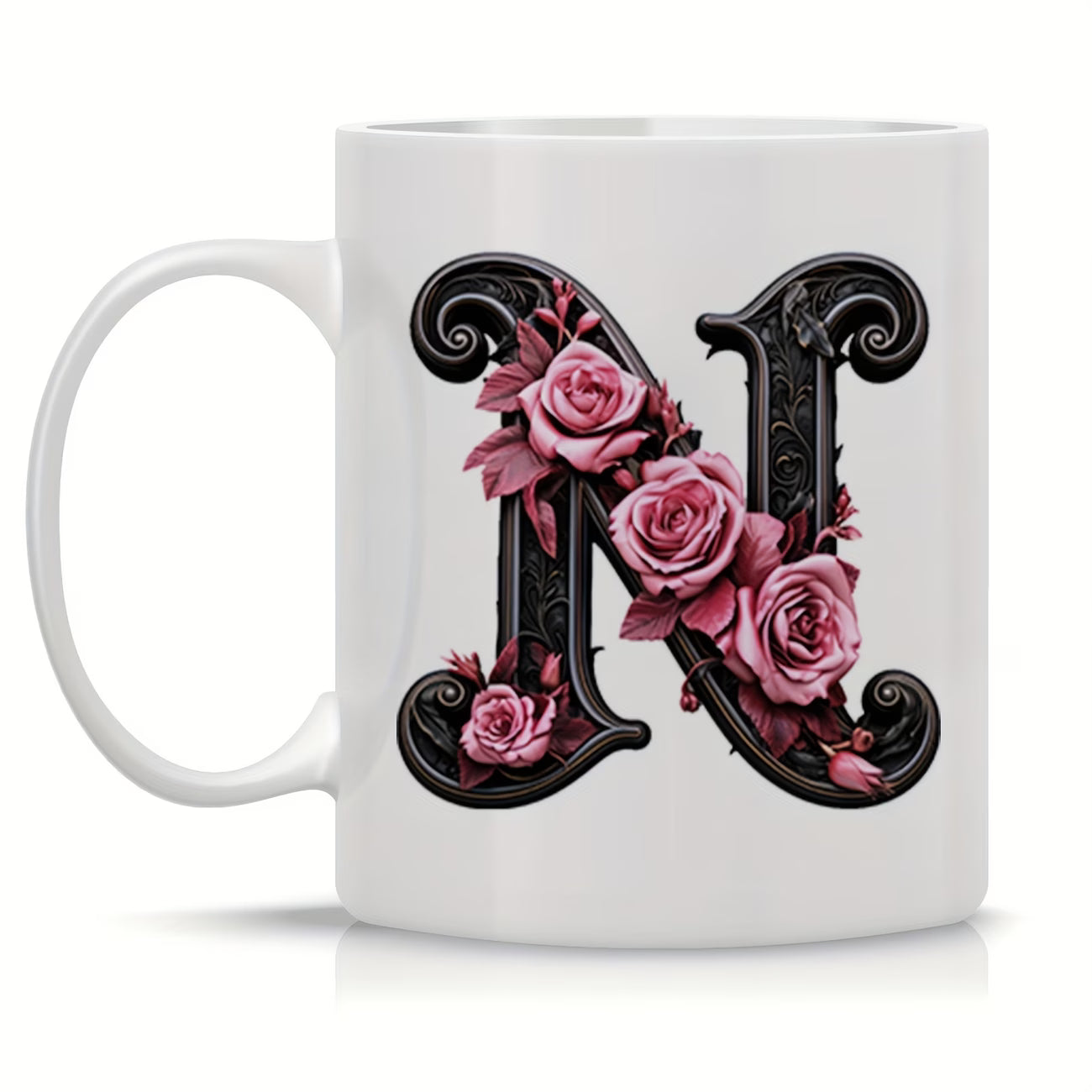 Personalized "Black Letter Floral Initial" Ceramic Coffee Mug – Custom Letter A-Z Pink Roses & Vintage Monogram Novelty Cup (M1141)