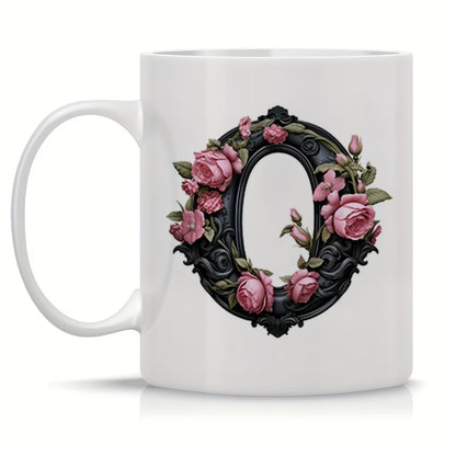 Personalized "Black Letter Floral Initial" Ceramic Coffee Mug – Custom Letter A-Z Pink Roses & Vintage Monogram Novelty Cup (M1141)