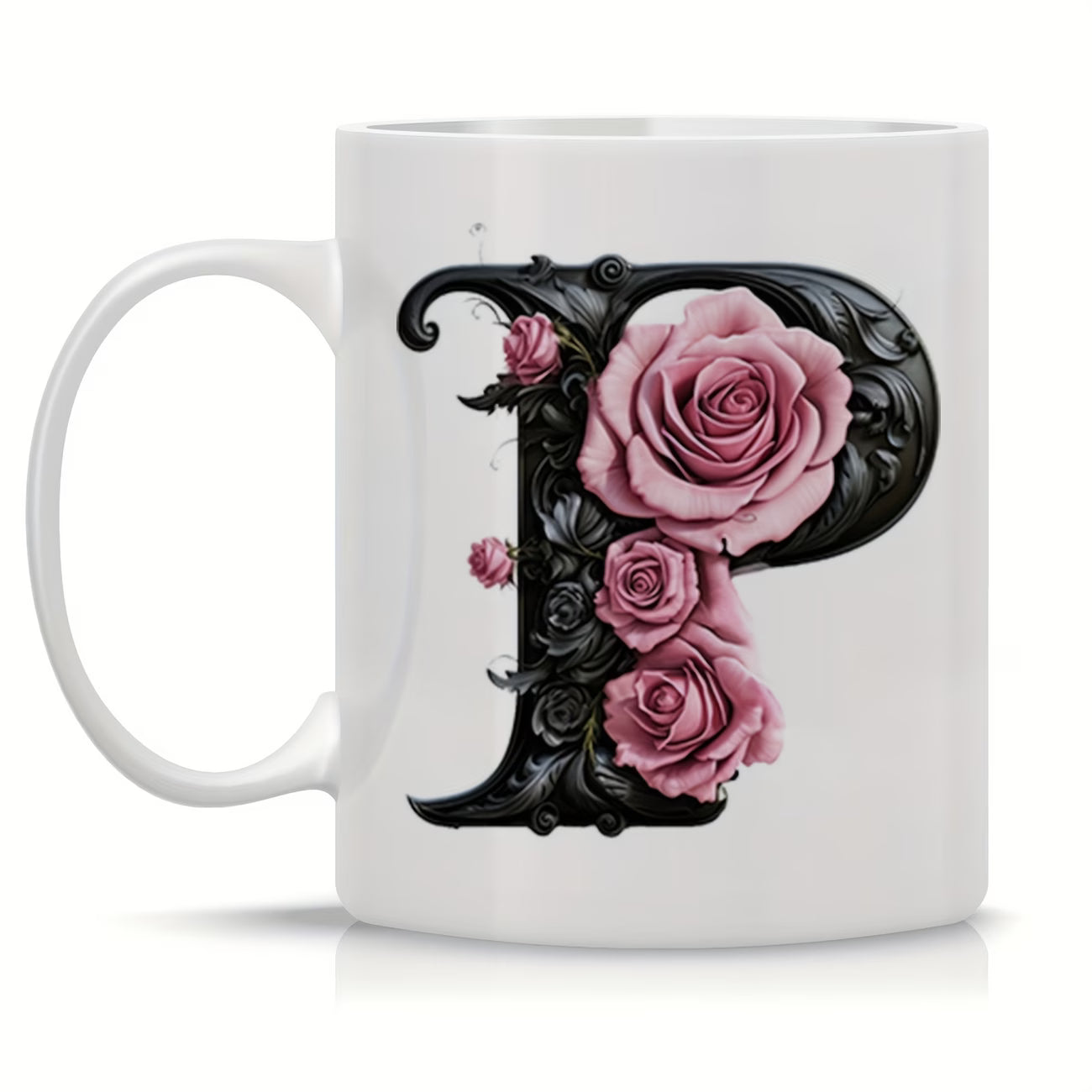 Personalized "Black Letter Floral Initial" Ceramic Coffee Mug – Custom Letter A-Z Pink Roses & Vintage Monogram Novelty Cup (M1141)