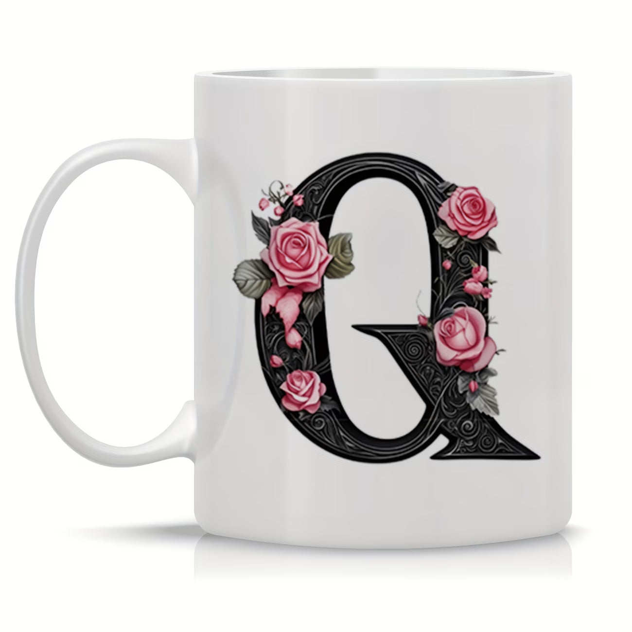 Personalized "Black Letter Floral Initial" Ceramic Coffee Mug – Custom Letter A-Z Pink Roses & Vintage Monogram Novelty Cup (M1141)