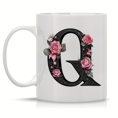 Personalized "Black Letter Floral Initial" Ceramic Coffee Mug – Custom Letter A-Z Pink Roses & Vintage Monogram Novelty Cup (M1141)