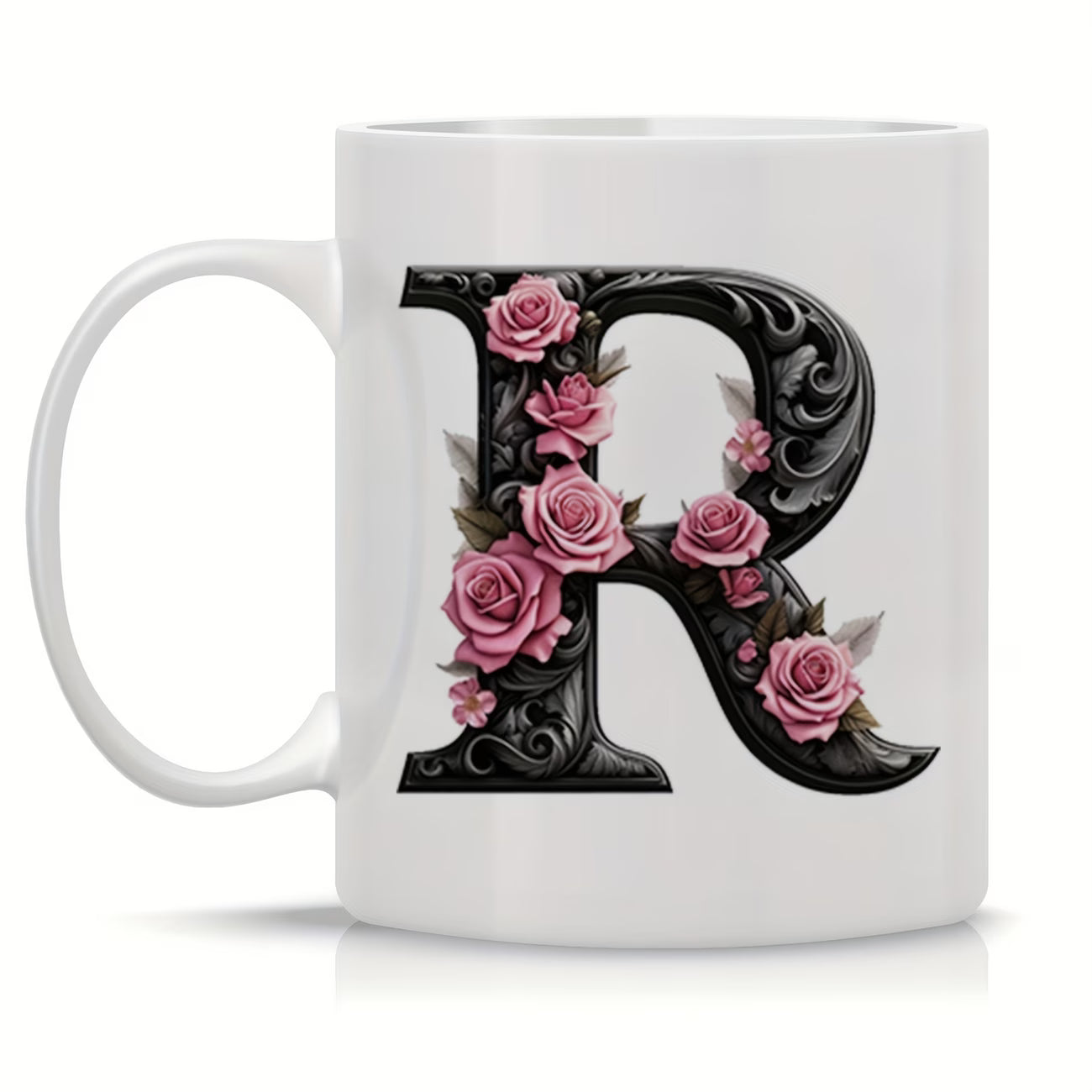 Personalized "Black Letter Floral Initial" Ceramic Coffee Mug – Custom Letter A-Z Pink Roses & Vintage Monogram Novelty Cup (M1141)