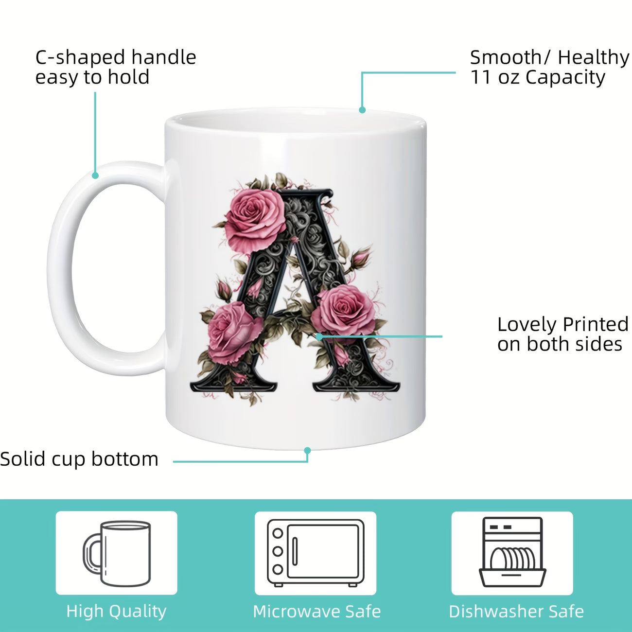 Personalized "Black Letter Floral Initial" Ceramic Coffee Mug – Custom Letter A-Z Pink Roses & Vintage Monogram Novelty Cup (M1141)