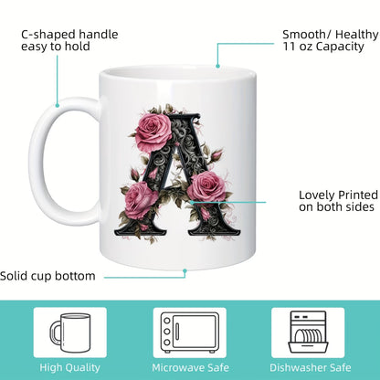 Personalized "Black Letter Floral Initial" Ceramic Coffee Mug – Custom Letter A-Z Pink Roses & Vintage Monogram Novelty Cup (M1141)