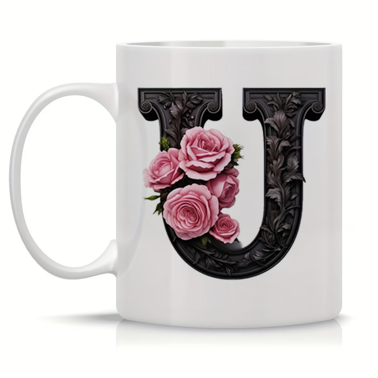 Personalized "Black Letter Floral Initial" Ceramic Coffee Mug – Custom Letter A-Z Pink Roses & Vintage Monogram Novelty Cup (M1141)