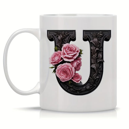 Personalized "Black Letter Floral Initial" Ceramic Coffee Mug – Custom Letter A-Z Pink Roses & Vintage Monogram Novelty Cup (M1141)