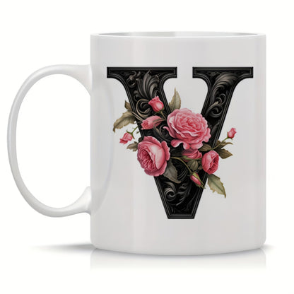 Personalized "Black Letter Floral Initial" Ceramic Coffee Mug – Custom Letter A-Z Pink Roses & Vintage Monogram Novelty Cup (M1141)