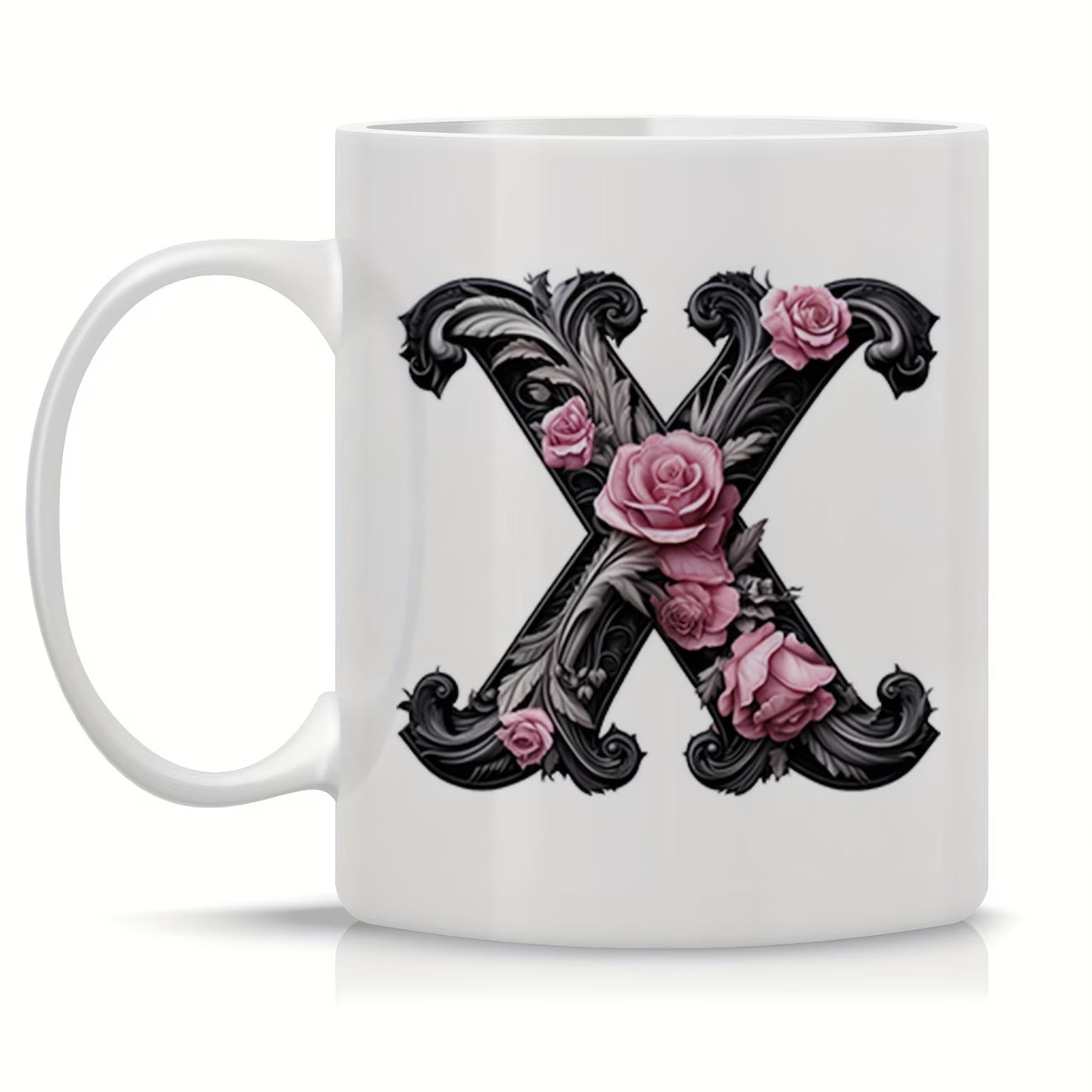 Personalized "Black Letter Floral Initial" Ceramic Coffee Mug – Custom Letter A-Z Pink Roses & Vintage Monogram Novelty Cup (M1141)