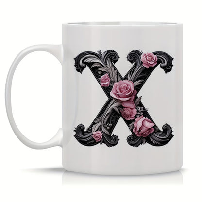 Personalized "Black Letter Floral Initial" Ceramic Coffee Mug – Custom Letter A-Z Pink Roses & Vintage Monogram Novelty Cup (M1141)