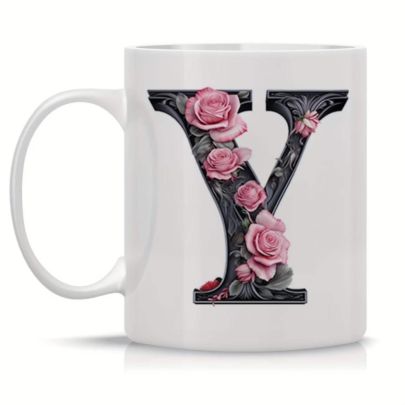 Personalized "Black Letter Floral Initial" Ceramic Coffee Mug – Custom Letter A-Z Pink Roses & Vintage Monogram Novelty Cup (M1141)