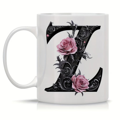 Personalized "Black Letter Floral Initial" Ceramic Coffee Mug – Custom Letter A-Z Pink Roses & Vintage Monogram Novelty Cup (M1141)